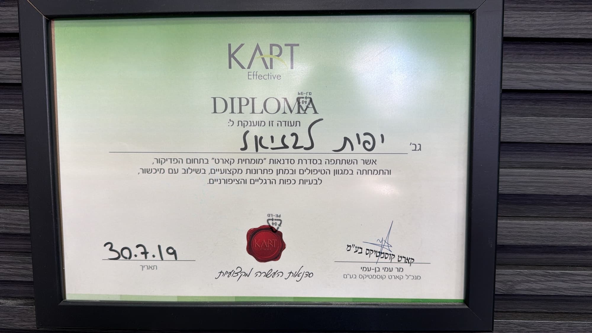 תעודת הסמכה מקצועית של יפית לגזיאל