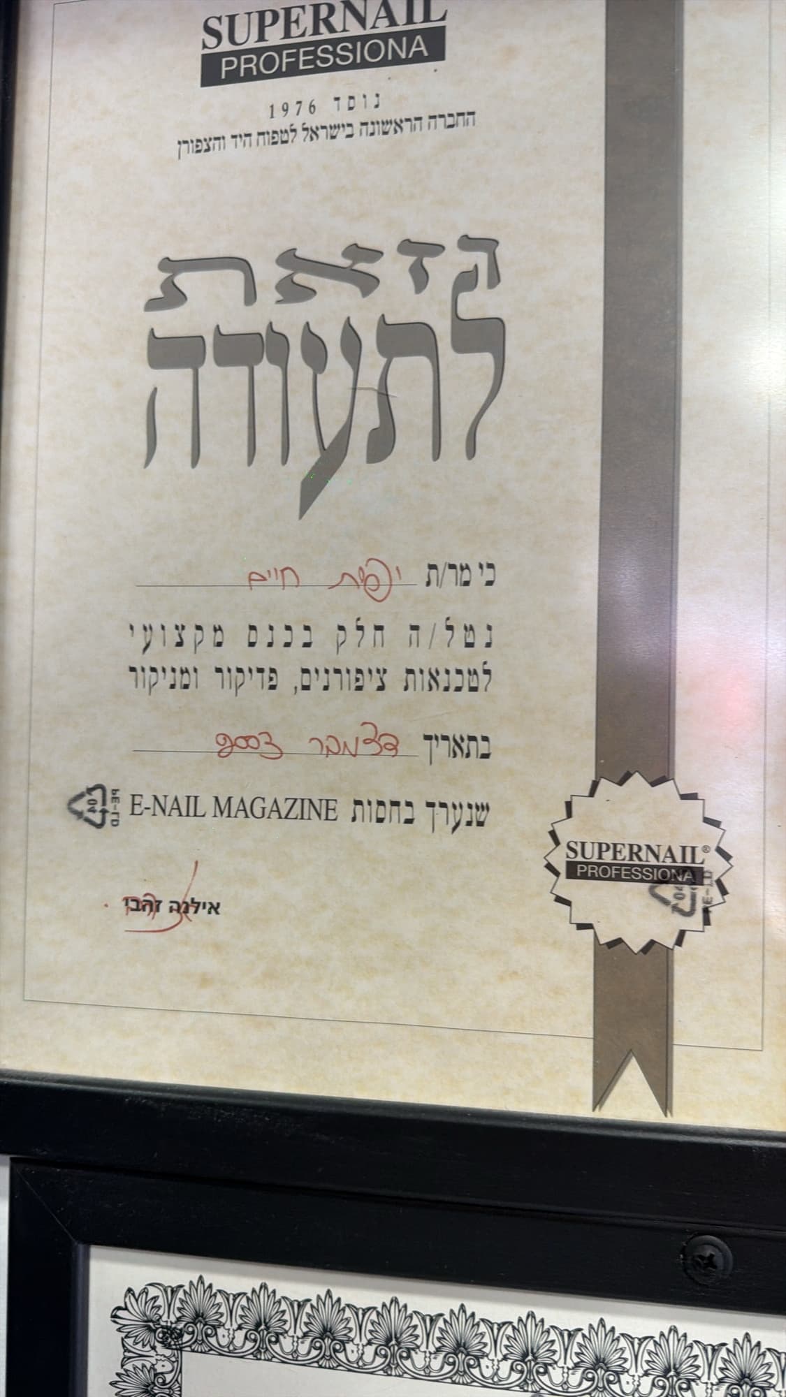 תעודת הסמכה מקצועית של יפית לגזיאל