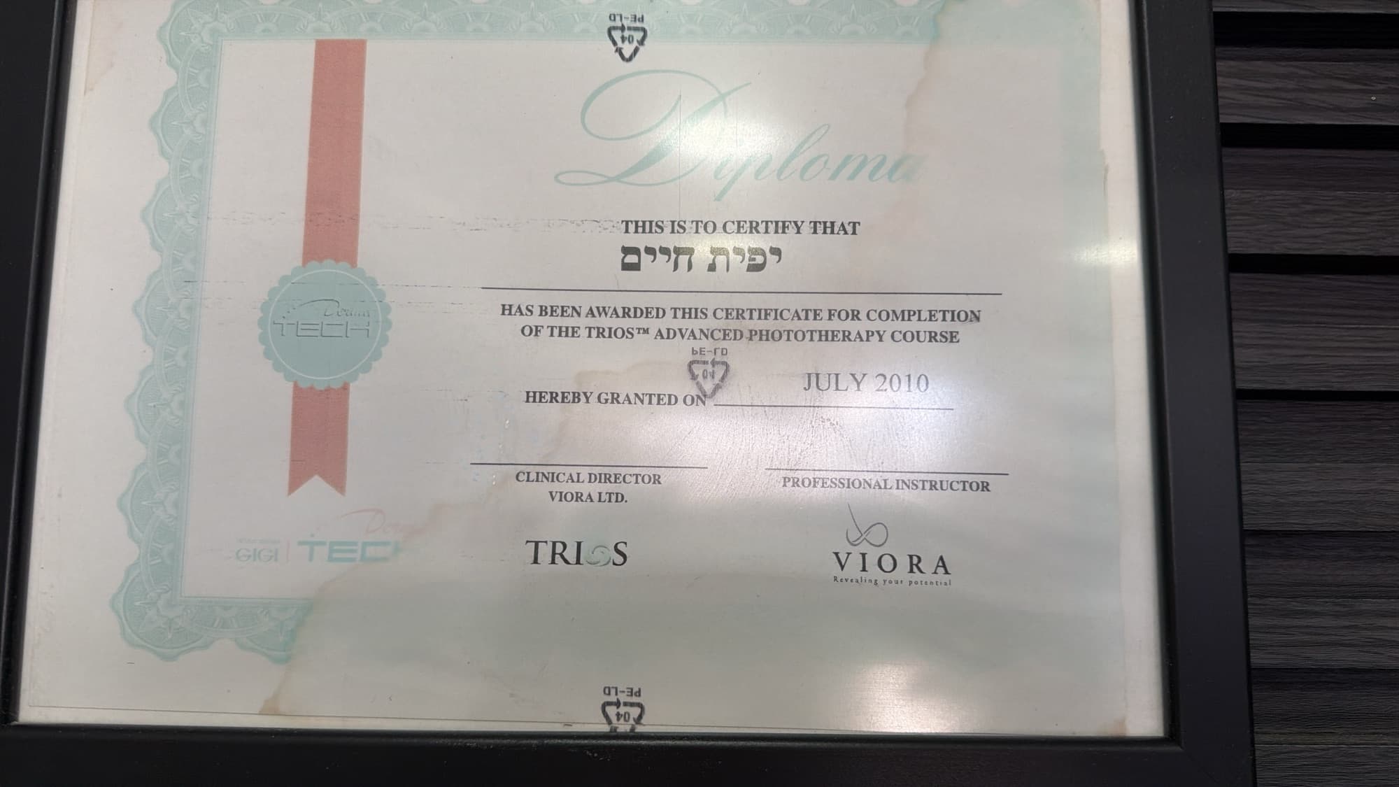 תעודת הסמכה מקצועית של יפית לגזיאל